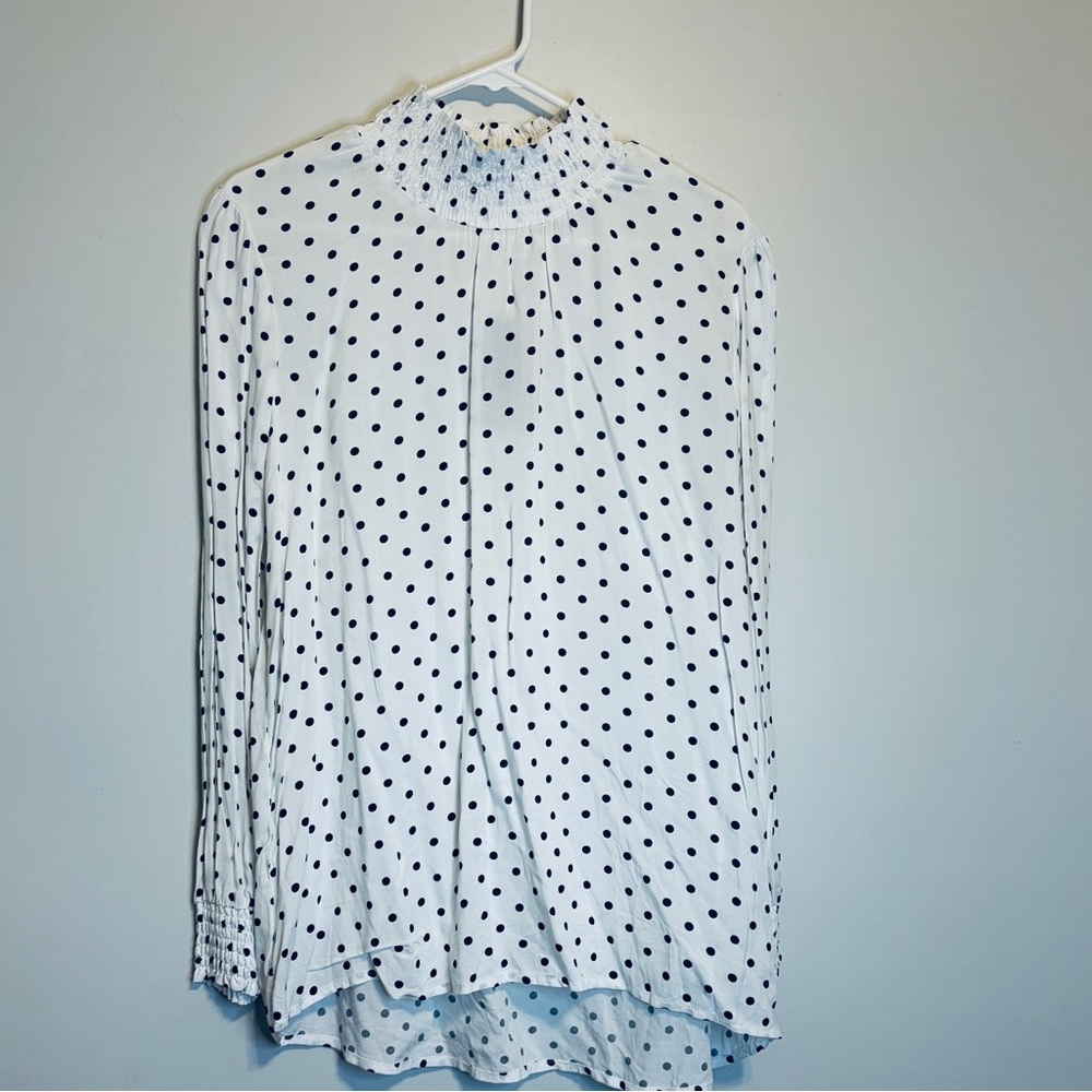 Per Se White Blouse with Black Polka Dots and Smocked Neck